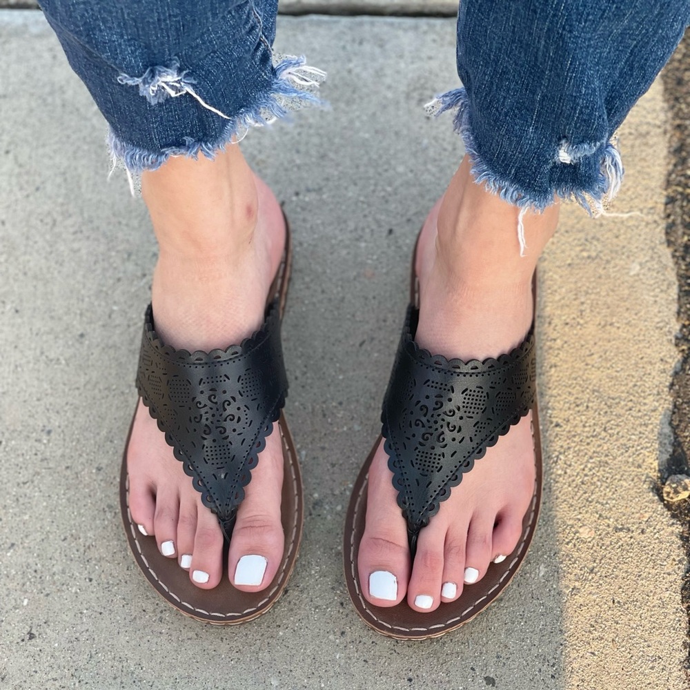 Black Vegan leather laser cut out sandals